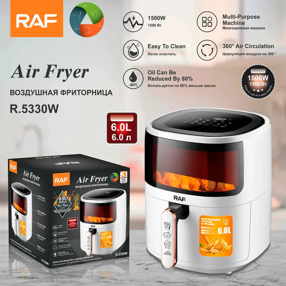 Air Fryer RAF 5330W - Friteuza cu Aer Cald, Fara Ulei, Capacitate 6L, 1500W, Alb