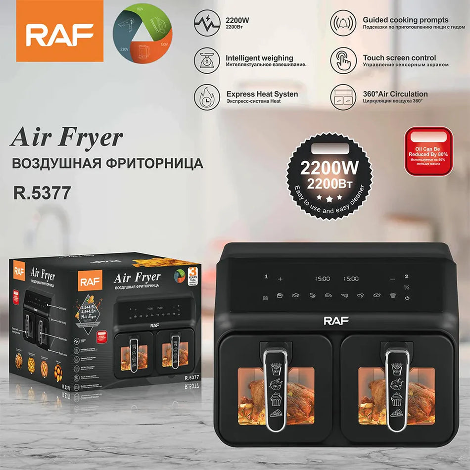 Air Fryer RAF 5377 - Friteuza digitala cu Touch Screen, 2 Cosuri cu Geam, 9L, 2200W