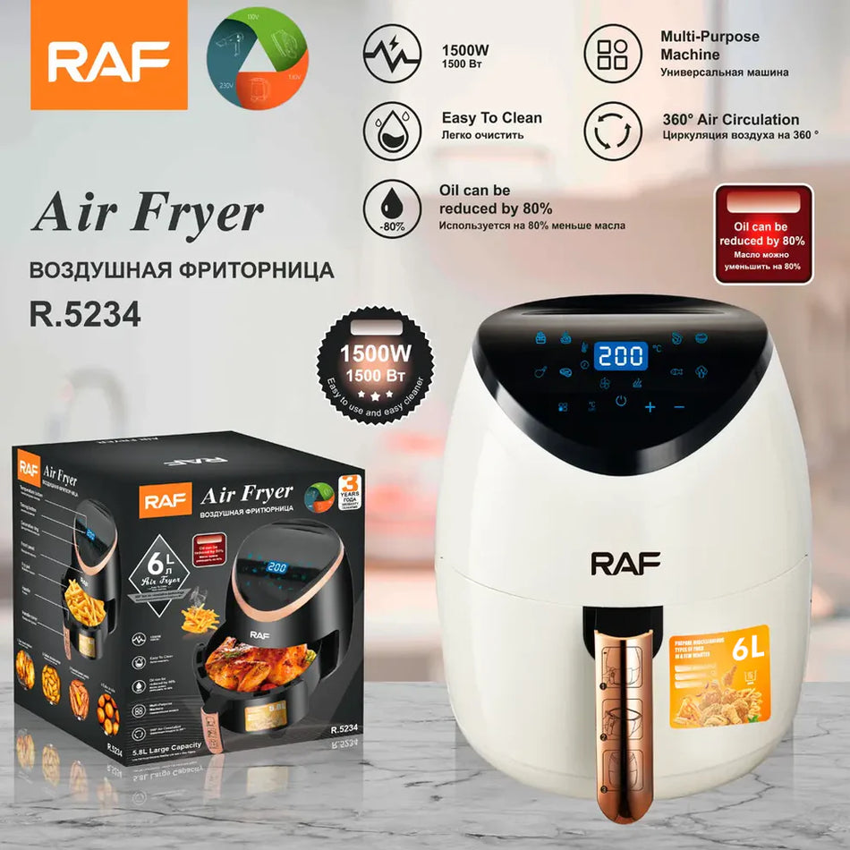 Air Fryer RAF 5234W - Friteuza cu Aer Cald, Fara Ulei, Capacitate 6L, 2400W, Alb