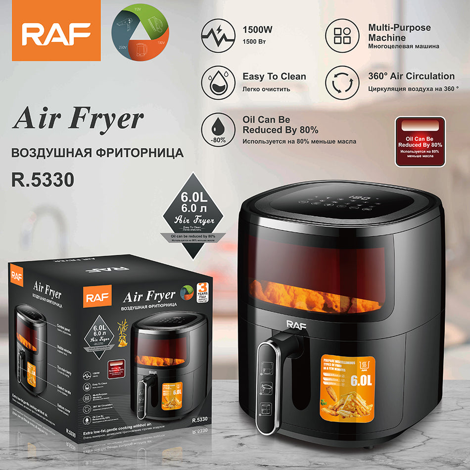 Air Fryer RAF 5324B - Friteuza cu Aer Cald, Fara Ulei, Capacitate 6L, 1500W, Negru