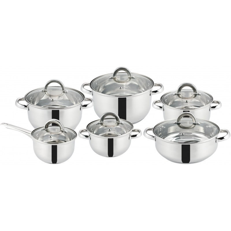 Set 12 Piese , 6 Vase din Inox, Compatibile cu Plita cu Inductie, cu Capace din Sticla